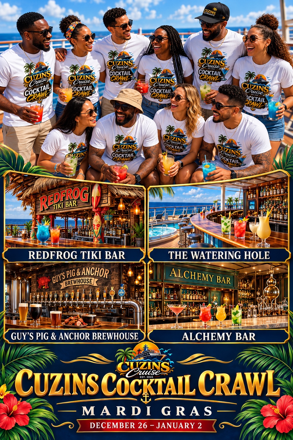 Cuzins Cocktail Crawl on the Mardi Gras sailing, December 26 to January 2. Flyer artwork features several bar stops.