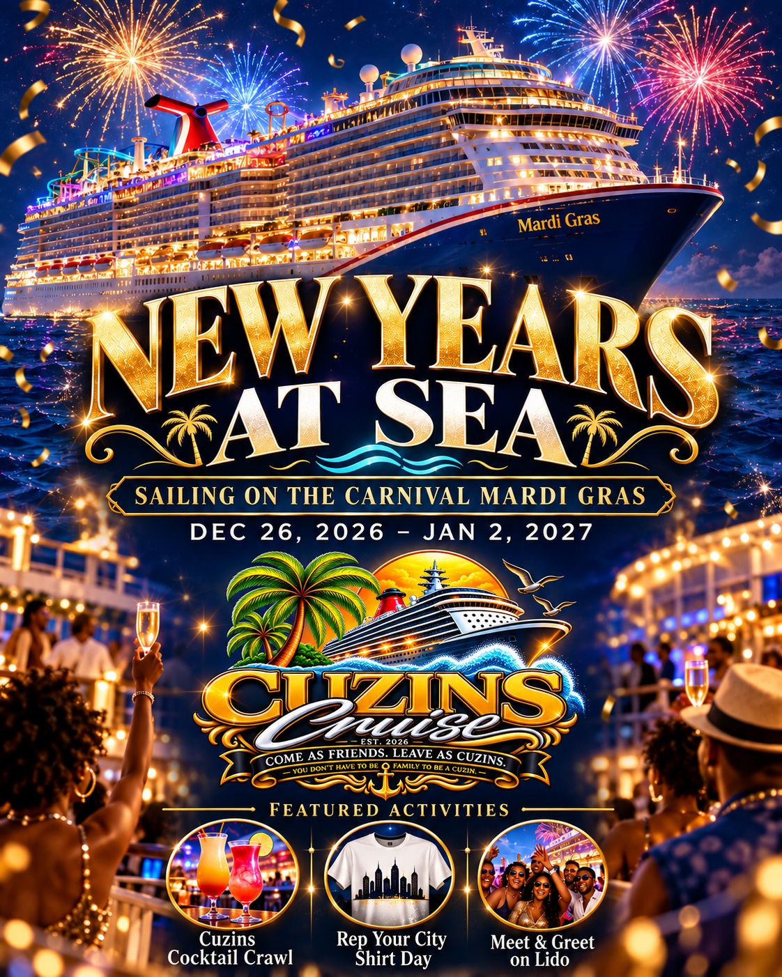 New Year’s at Sea aboard Carnival Mardi Gras, December 26, 2026 to January 2, 2027. Featured activities: Cuzins Cocktail Crawl, Rep Your City Shirt Day, and Meet & Greet on Lido.