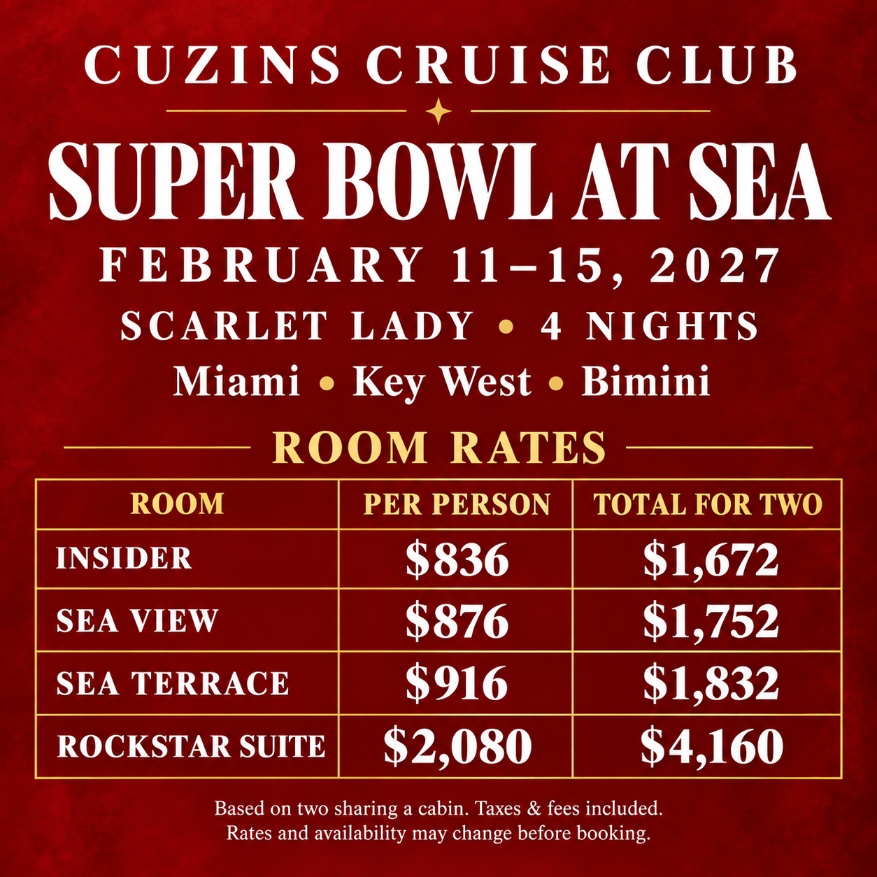 Super Bowl at Sea room rates flyer with the same cabin prices listed in the table above.